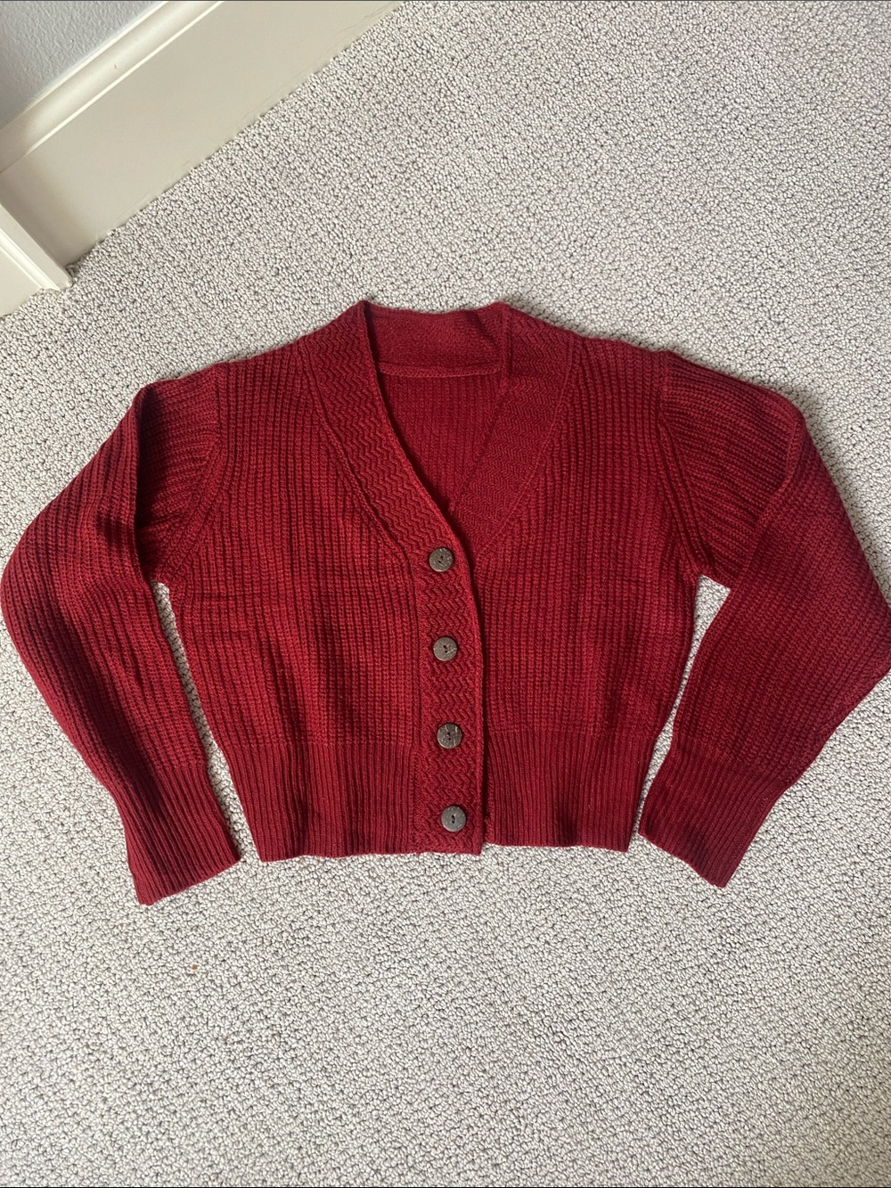 Women's Deep Red Button-Front V-Neck Knit Cardigan